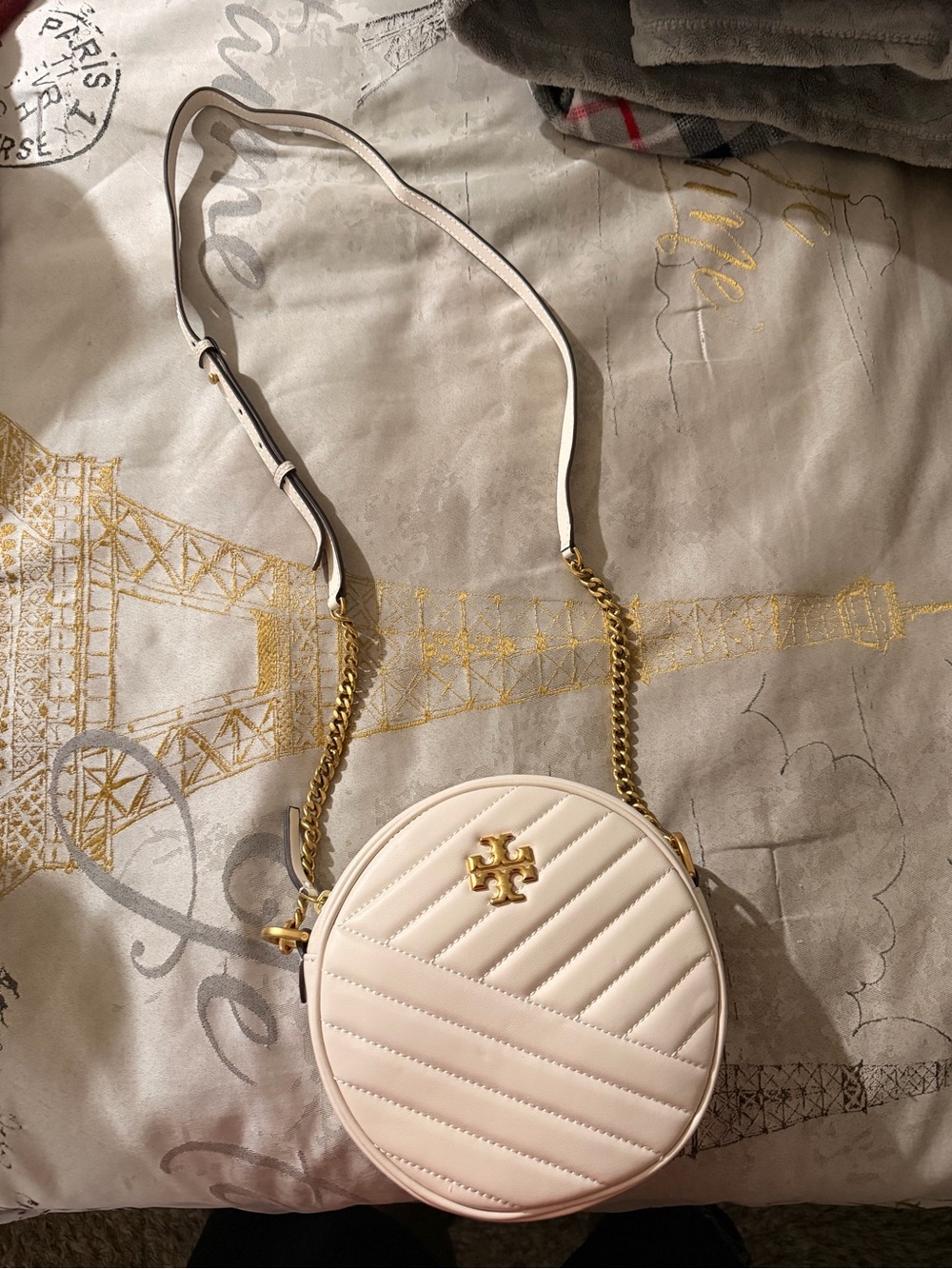 Tory Burch Cream Quilted Round Crossbody with Gold Logo